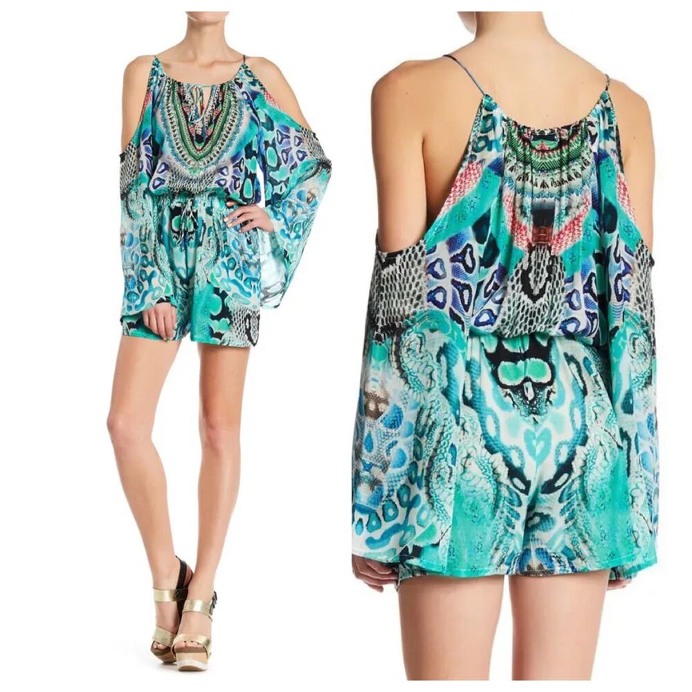 Shahida Parides Beaded Drawstring Cold Shoulder Romper Mix Print In Aqua Size S